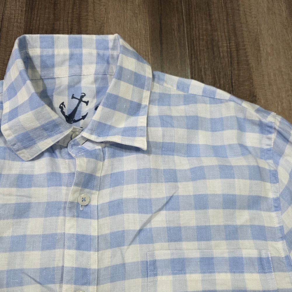 HiHo Blue and White Checkered 100% Linen Button Up Long Sleeve Shirt. L